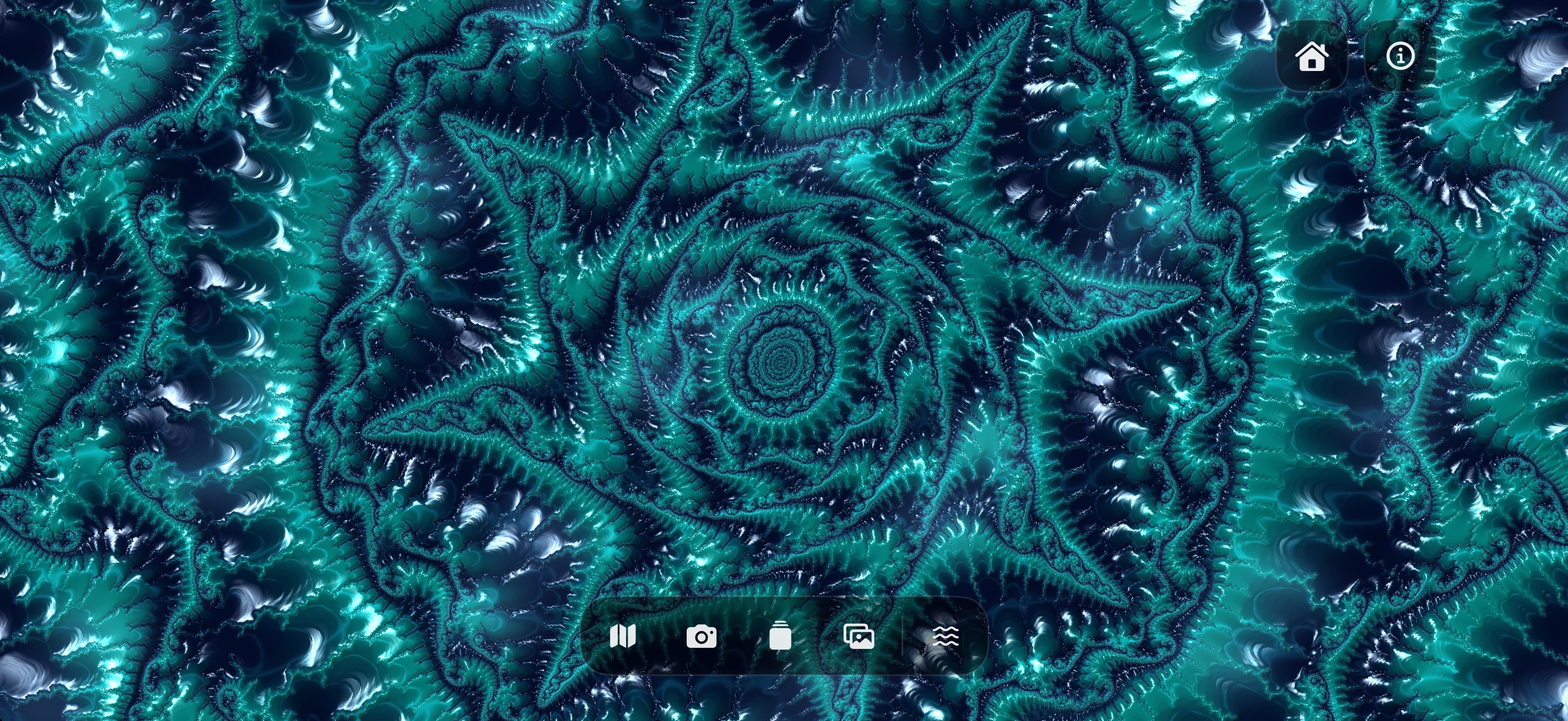 A fractal spiral rendered in the Water material in MetalMandelbrot