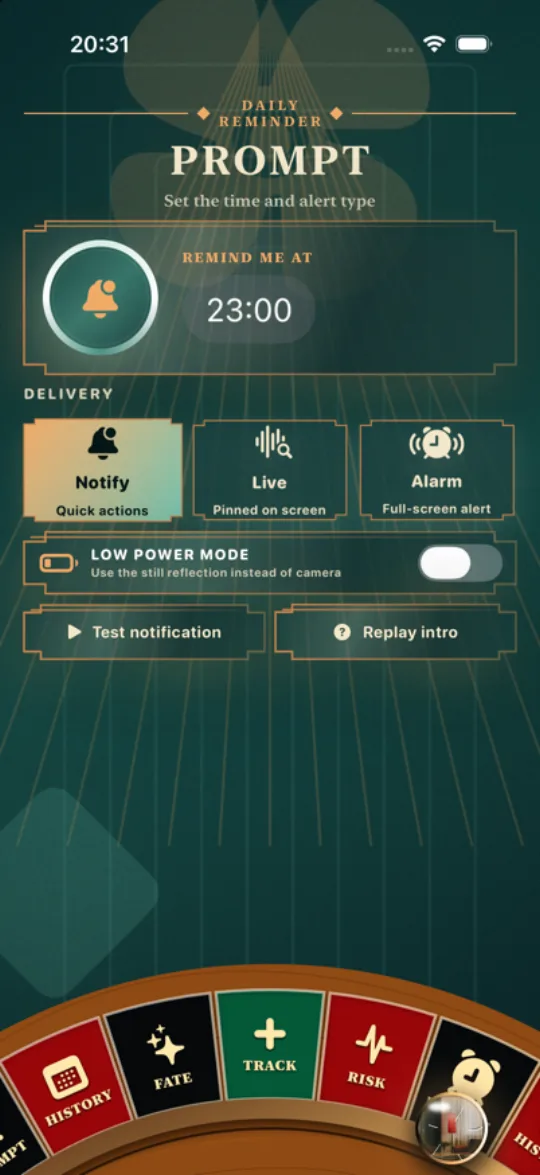 The reminder screen with notification, Live Activity and alarm choices